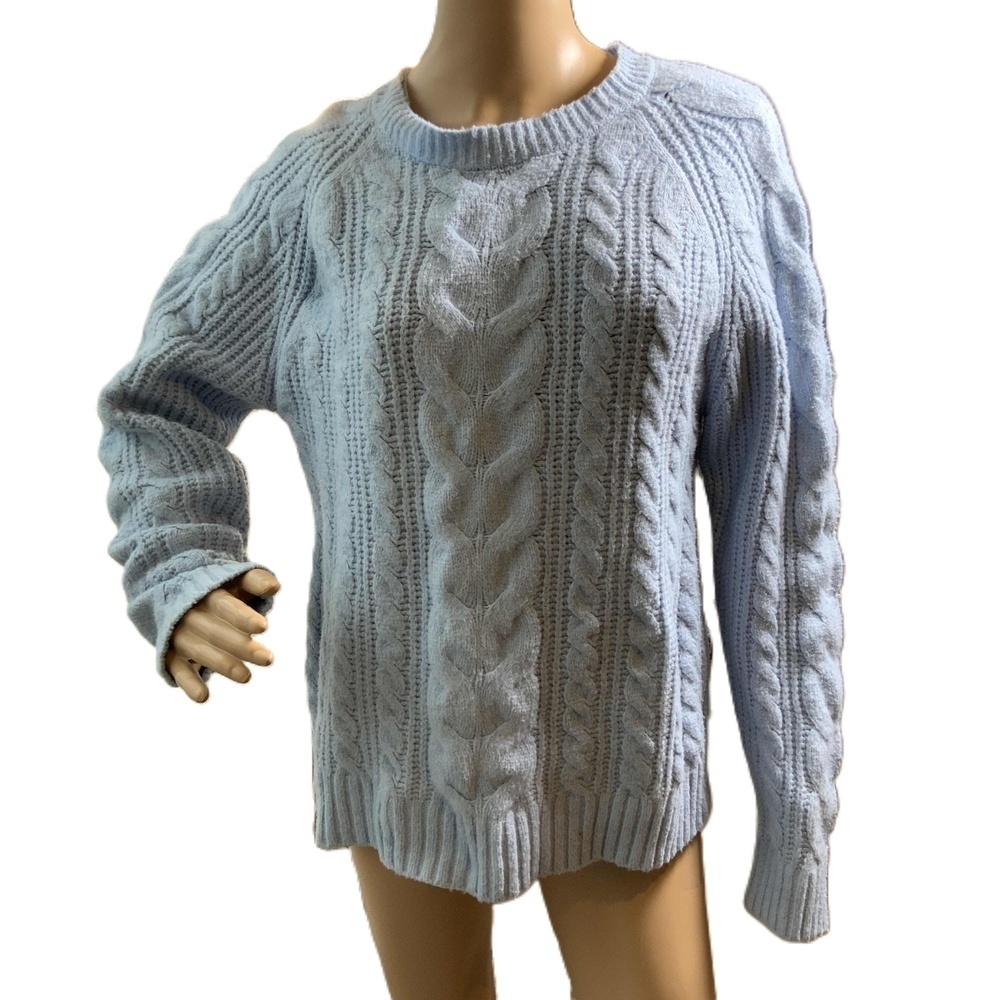 Rachel Zoe Blue Long Sleeve Crew Neck Cable Knit Sweater Size Lg Preppy Academia